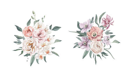 Watercolor Bouquets with Roses, Poppies and Foliage. Perfect for invitation and social media.の写真素材