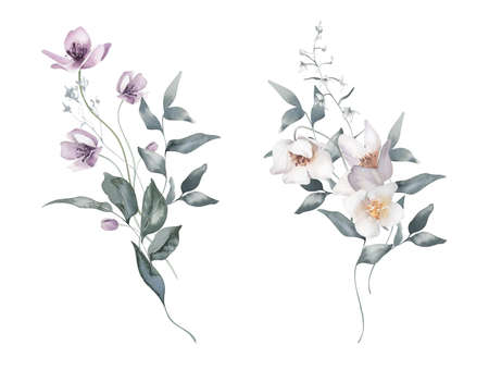 Watercolor Wreaths with Meadow Flowers and Herbs. Perfect for invitation and social media.の写真素材
