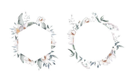 Watercolor Frames with Meadow Flowers and Herbs. Perfect for invitation and social media.の写真素材