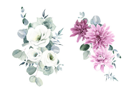 Watercolor Bouquet with White Lisianthus, Dahlias and Eucalyptus. Perfect for invitation and social media.の写真素材