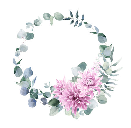 Watercolor Wreath with Dahlias and Eucalyptusの写真素材