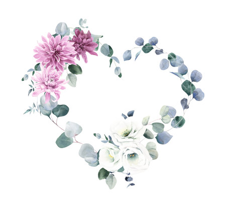 Watercolor Heart Shaped Wreath with Dahlia, Lisianthus and Eucalyptusの写真素材