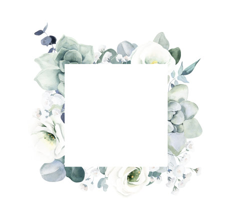Watercolor Square Shaped Frame with Lisianthus, Gypsophila and Eucalyptusの写真素材