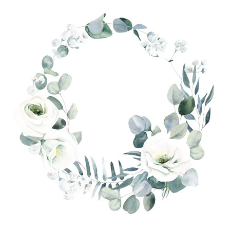 Watercolor Wreath with Lisianthus, Gypsophila and Eucalyptusの写真素材