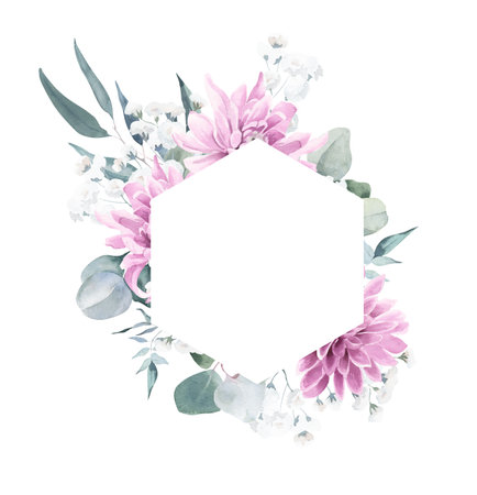 Watercolor Frame with Dahlia, Gypsophila and Eucalyptusの写真素材