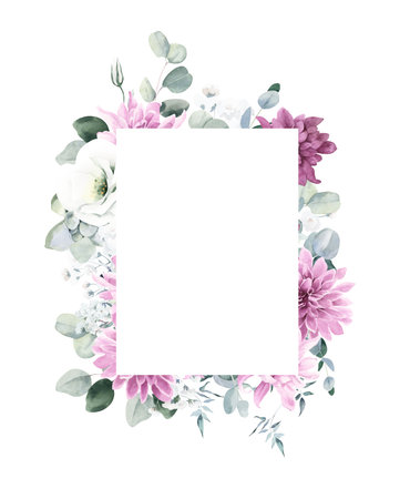 Watercolor Rectangular Shaped Frame with Dahlia, Lisianthus and Eucalyptusの写真素材
