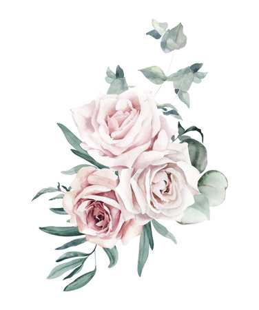 Watercolor Bouquet with Roses, Olives and Eucalyptus Branchesの写真素材