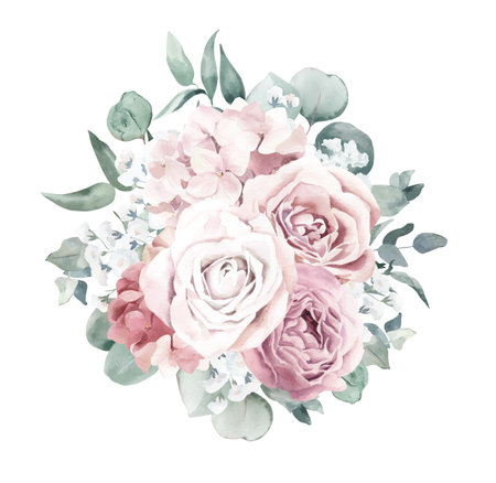 Watercolor Bouquet with Roses, Hydrangea and Eucalyptus Branchesの写真素材