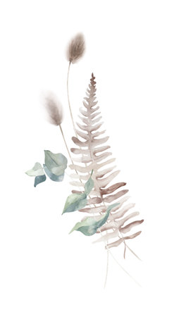 Watercolor Bouquet with Dried Fern Leaf and Eucalyptus Branchの写真素材
