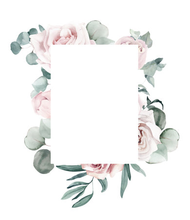 Watercolor Rectangular Shaped Frame with Roses and Eucalyptus Branchesの写真素材