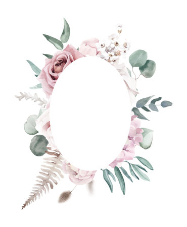 Watercolor Oval Shaped Frame with Roses and Eucalyptus Branchesの写真素材