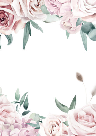 Watercolor Rectangular Shaped Frame with Roses, Hydrangea and Eucalyptus Branchesの写真素材