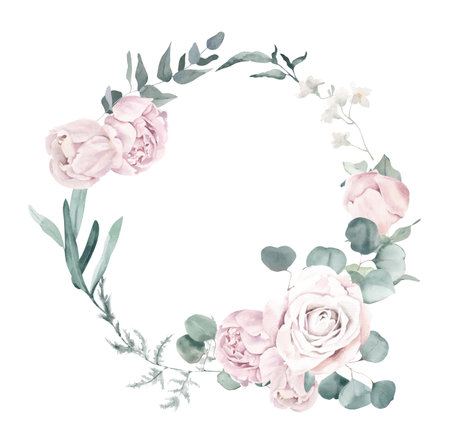 Watercolor Wreath with Roses and Eucalyptus Branchesの写真素材