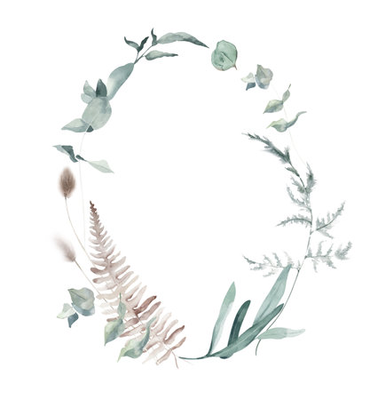 Watercolor Wreath with Dried Fern Leaf and Eucalyptus Branchesの写真素材