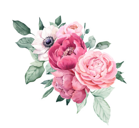 Watercolor Bouquet with Anemone, Peony and Ranunculus. Perfect for invitation and social media.の写真素材