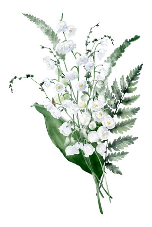 Watercolor Bouquet with Lily of the Valley and Fern. Botanical illustration for invitation and social media.の写真素材