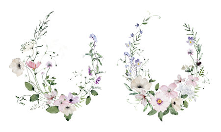 Watercolor Wreaths with Wildflowers and Leaves. Botanical illustration for invitation and social media.の写真素材