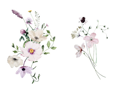 Watercolor Bouquets of Wildflowers and Leaves. Botanical illustration for invitation and social media.の写真素材