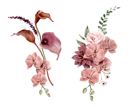 Watercolor Bouquets of Orchid, Calla Lilies and Leaves. Botanical illustration for invitation and social media.の写真素材