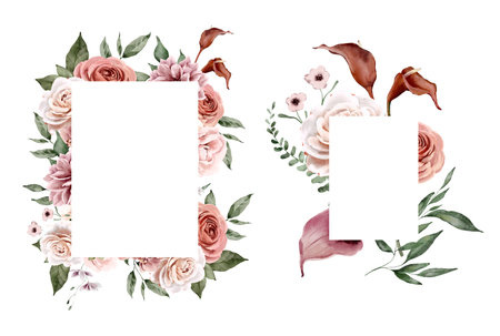 Watercolor Rectangular Shaped Frames with Roses, Dahlia and Leaves. Botanical illustration for invitation and social media.の写真素材