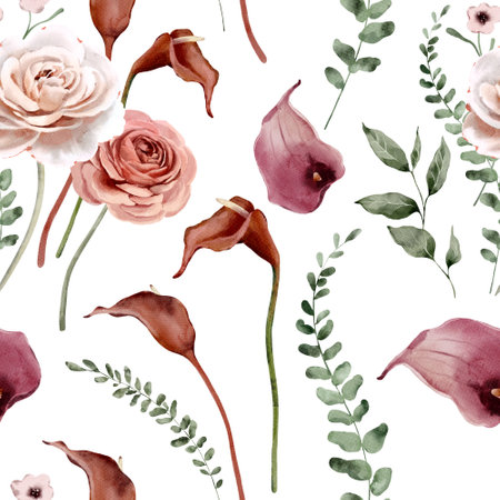 Watercolor Seamless Pattern Background with Roses, Calla Liliesの写真素材