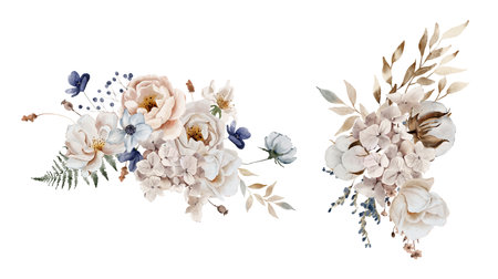 Watercolor Winter Bouquets of Anemones, Dried Hydrangea and Roses. Botanical illustration for invitation and social media.の写真素材