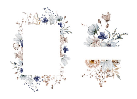 Watercolor Frames with Anemones, Dried Herbs and Poppy Pods. Botanical illustration for invitation and social media.の写真素材