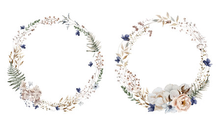 Watercolor Wreaths with Anemones, Dried Herbs and Fern. Botanical illustration for invitation and social media.の写真素材