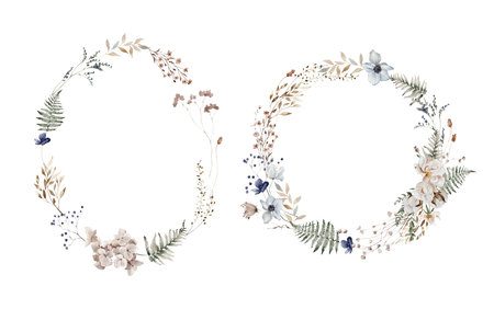 Watercolor Wreaths with Hydrangea, Dried Herbs and Anemones. Botanical illustration for invitation and social media.の写真素材
