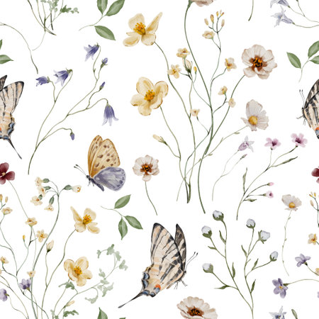 Watercolor Seamless Pattern Background with Summer Meadow Flowers and Herbsの写真素材
