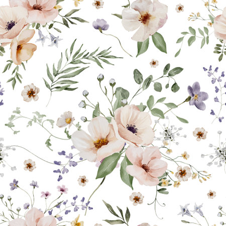 Watercolor Seamless Pattern Background with Summer Meadow Flowers and Herbsの写真素材