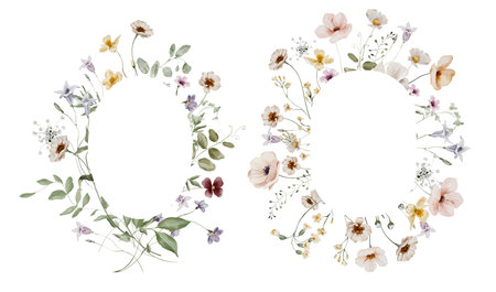 Watercolor Frame with Summer Meadow Flowers and Herbsの写真素材