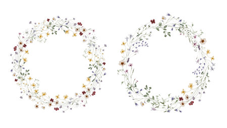 Watercolor Wreath with Summer Meadow Flowers and Herbsの写真素材