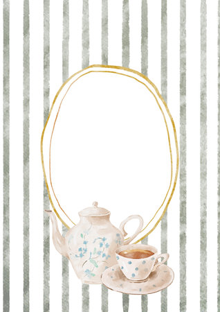 Watercolor Template Frame with stripes background, porcelain cup of tea and teapot. Cozy autumn design. Whimsical vintage element in cottagecore style for invitation, social media and posters.の写真素材