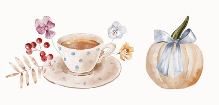 Watercolor Illustration Botanical Arrangements with cup of tea, pumpkin and flowers. Cozy autumn design. Whimsical vintage element in cottagecore style for invitation, social media and posters.の写真素材