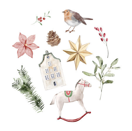 Watercolor Illustration of rocking horse, robin and Christmas decorations. Cozy winter design. Hand painted element for invitation, social media and posters.の写真素材
