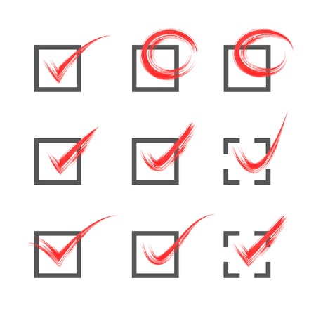 Set of nine different grey and red vector grungy check marks or ticks in boxes conceptual of confirmation acceptance positive passed voting agreement true or completion of tasks on a listのイラスト素材
