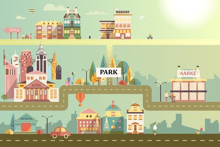 Set of buildings in the style of small business flat design. Roads and city against the sky and sun. Architecture of a small town market, salon, pharmacy, bakery, bank, coffee shopのイラスト素材