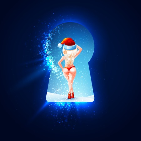 Happy New Year. Merry Christmas. Stock naked girl in a Santa Claus hat on high heels and panties walking on snow. Girl in a full-length from the back. Spy on New Year\'s Eve in the keyhole.のイラスト素材