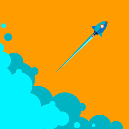 Start up new business project with rocket and clouds image, vector illustration. Flat design. Speed. Rocket flying in the sky above the clouds. Blue sky with white clouds.のイラスト素材