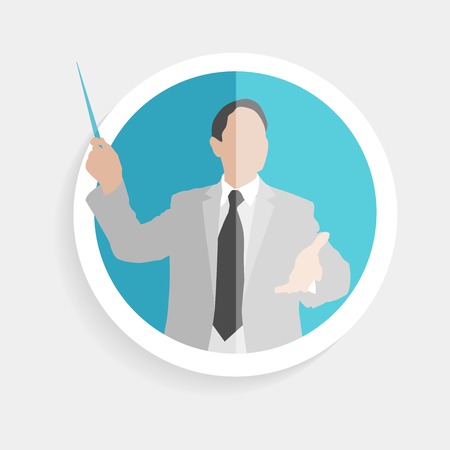 Vector round icon silhouette successful man researcher with pointer and open gesture flat design style for business, research, teaching school or college, work, market research, search right decisionsのイラスト素材