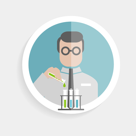 Vector round icon successful man in tie, shirt with flasks and chemical liquids flat design style for business, research, teaching in school or college, work, market research, search right decisionsのイラスト素材