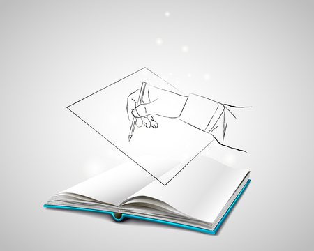 Open book with a blue cover. Doodle hand writes on a piece of paper. Start up. Starting a business. Planning. Brainstorming. Start with a clean slate.のイラスト素材