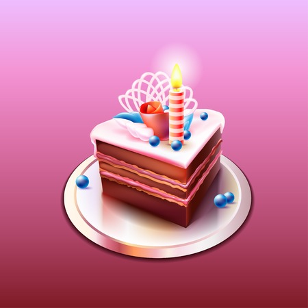Delicious and a beautiful chocolate cake with a candle. Happy Birthday. Cake decorated with rose petals and blueberries. Vector.のイラスト素材