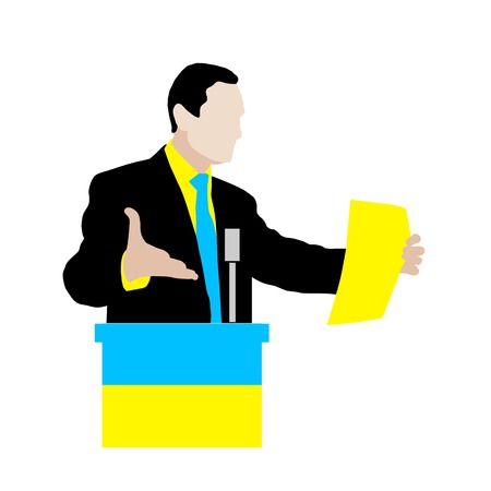 Ukrainian speaker delivers a speech at the podium, using expressive gestures, holding a sheet of paper for presentation. Lectern with microphone and a flag of Ukraine. vector. Icon.のイラスト素材