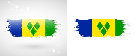 Flag of Saint Vincent and the Grenadines. Independence Day. Flag painted with a brush with paint. Grungy flag. Grungy style. Brushstroke. Use for brochures, printed materials, icons, signs,  elements, etc.のイラスト素材