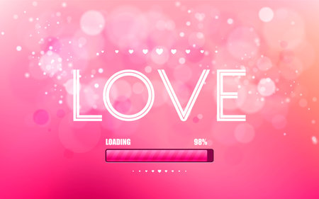 Vector inscription love on a pink background with bokeh and light. Pink loading bars with Loading text. Happy Valentines Day Card Design. 14 February. I Love You. Vector Blurred Soft Background.のイラスト素材