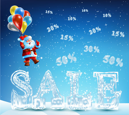 Santa Claus coming down on balloons for Christmas sales. Sale is made of ice. From the sky falling prices. Happy new year 2015. のイラスト素材