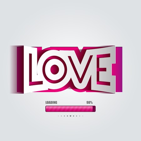 Vector paper curved convex inscription love cut from pink backdrop on a gray background.  Happy Valentines Day Card Design. 14 February. I Love You. Pink loading bars with Loading text.のイラスト素材
