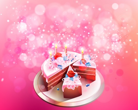 Vector illustration with big chocolate cake, flowers and candles for Valentines Day, birthday, celebration, congratulations, triumph and festivals on a pink background with bokeh.のイラスト素材